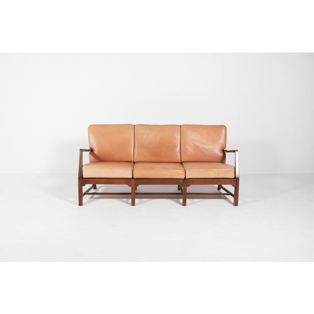 Danish 3-Seat Sofa with Cognac Leather Cushions For Sale - Image 3 of 18