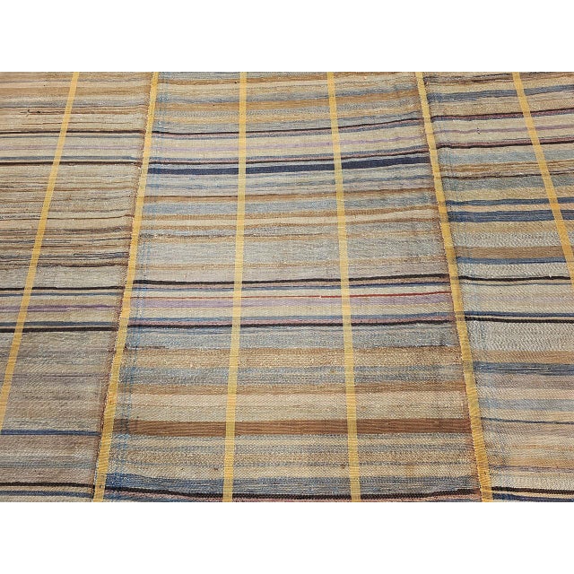Textile 19th Century American Amish Rag Rug, Handwoven Folk Art, Stripe Pattern, Tan & Pale Blue, 10’ X 14’ For Sale - Image 7 of 12