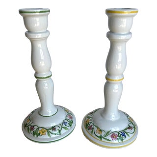 Italian Hand-Painted Ceramic Floral Candlestick Holders - Pair For Sale