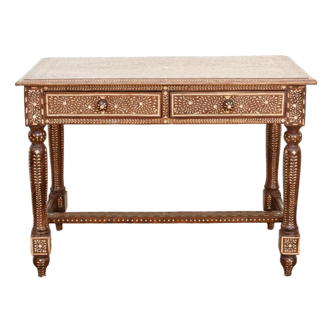 British Colonial Scalloped Inlay Design Writing Desk | Chairish