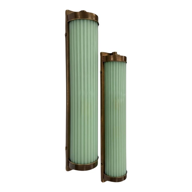 Vintage Art Deco Light Old Lamp Wall Sconces Fixture Brass & Green Glass Rod Ship Light - Pair For Sale