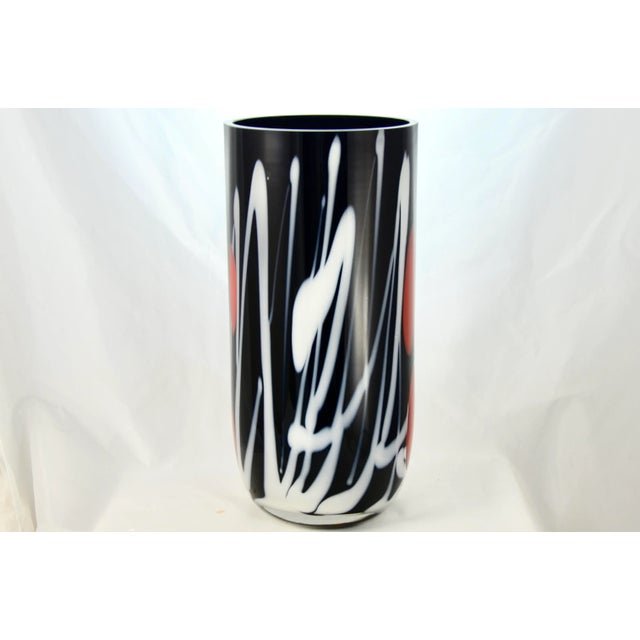 High contrast Postmodern blown art Murano – style glass 14 inch vase in black with white free form swirls and red accents...