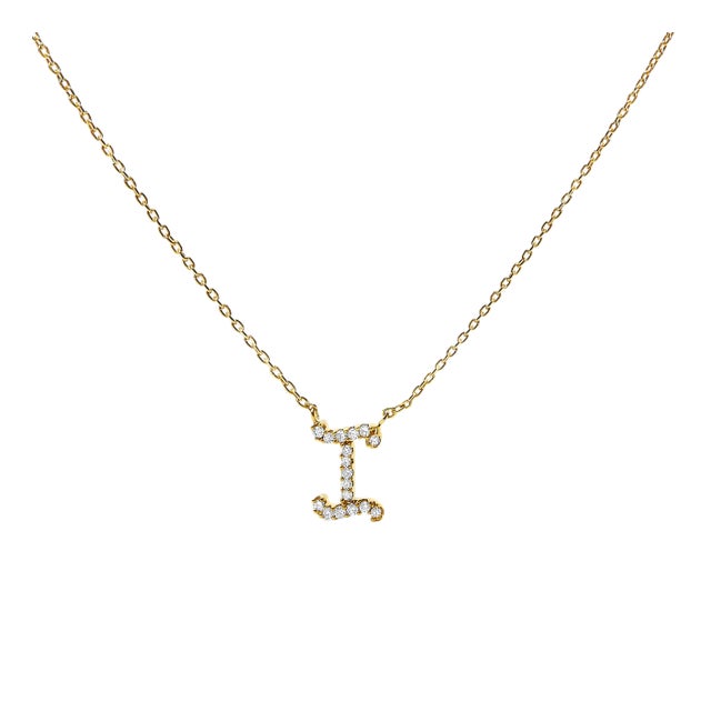 10K Yellow Gold Diamond Accent "I" Initial Script Style Pendant Necklace For Sale