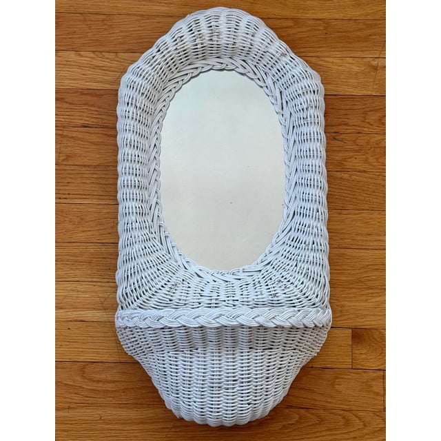 Vintage Coastal White Wicker Mirror With Shelf For Sale - Image 6 of 6