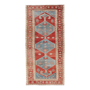 Antique Kurdish Medallion Gallery Runner in Red, Denim Blue, and Eggshell 4'8 X 10'6