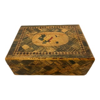 Vintage Hand-Crafted Wooden Box With a Pair of Scotties and Beautiful Parquet Designs From England - Circa 1940 For Sale