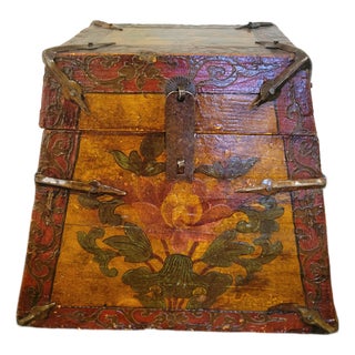 Antique Tibetan Hand-Painted Wooden Longevity Box With Original Iron Hardware For Sale