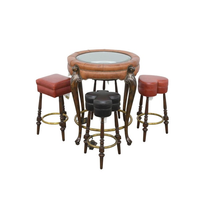 English 1990s Maitland-Smith Leather Pub Table & Card-Suit Stools Set For Sale - Image 3 of 6