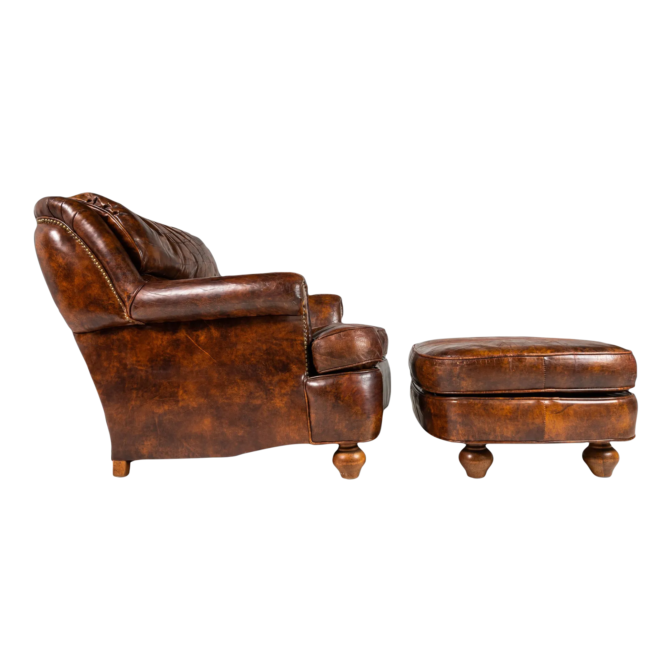 1940s Art Deco Patinated French Leather Club Chair and Ottoman