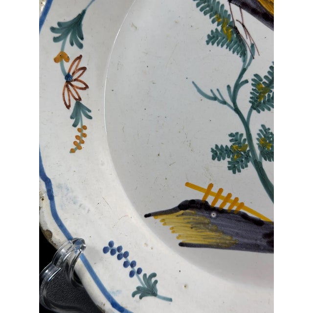 Antique French Nevers Faience Plate with Hand-Painted Birds, 1700s For Sale - Image 6 of 11