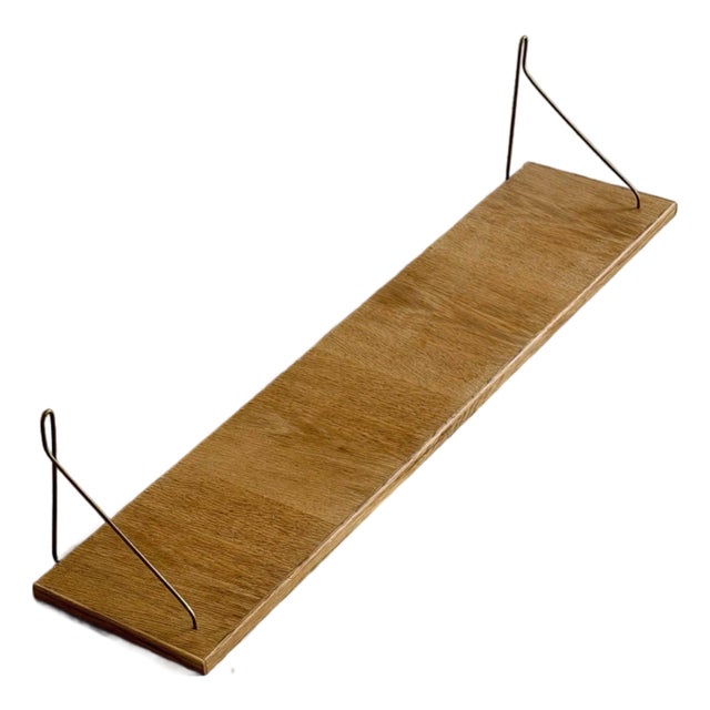 Vintage Danish Oak Wall Shelf With Brass Brackets Scandinavian Floating Shelf For Sale