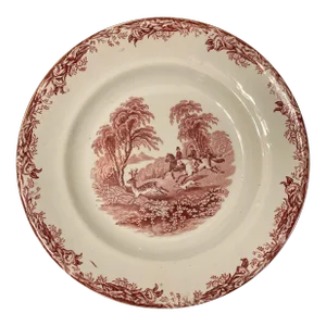 Antique 19th Century Staffordshire Red Transfer Ware Plate Depicting Riders and Their Horses Chasing a Deer