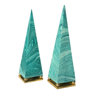 Vintage Faux Malachite Obelisk Sculptures With Brass Bases, Pair For Sale