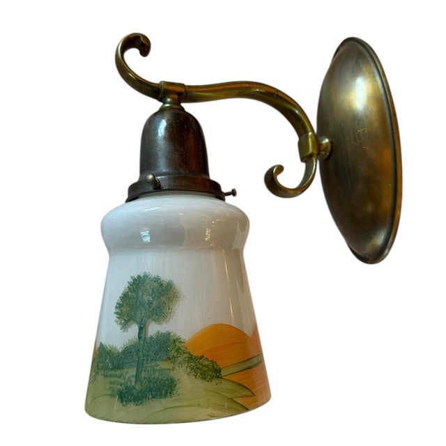 American 1920s Hand Painted Landscape Art Glass on Brass S Shape Armed Wall Sconce For Sale - Image 3 of 6