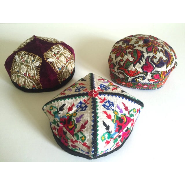 Tribal Vintage Uzbek Afghani Turkmen Hand Embroidered Tribal Hats Collection - 3pc For Sale - Image 3 of 10