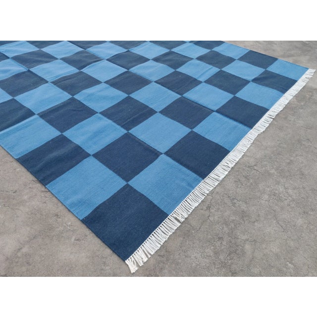 Handmade Vegetable Dyed Woolen Checked Pattern Rug Sky Blue and Navy Blue - 8x10 For Sale - Image 6 of 8