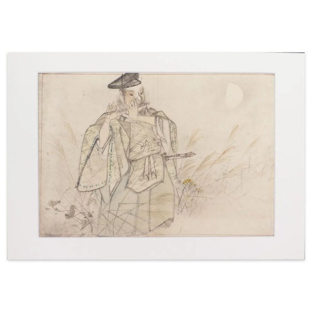 Samurai Playing Flute - Mixed Media by Matsumura Keibun School - 1800 19th Century For Sale - Image 3 of 3