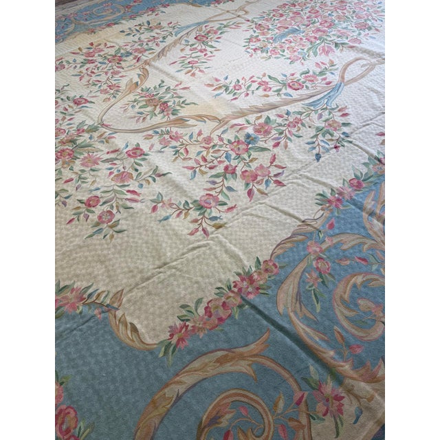 Textile 1920s Antique Ivory Floral Medallion India Agra Textile Chain Stitch Gallery Rug For Sale - Image 7 of 15