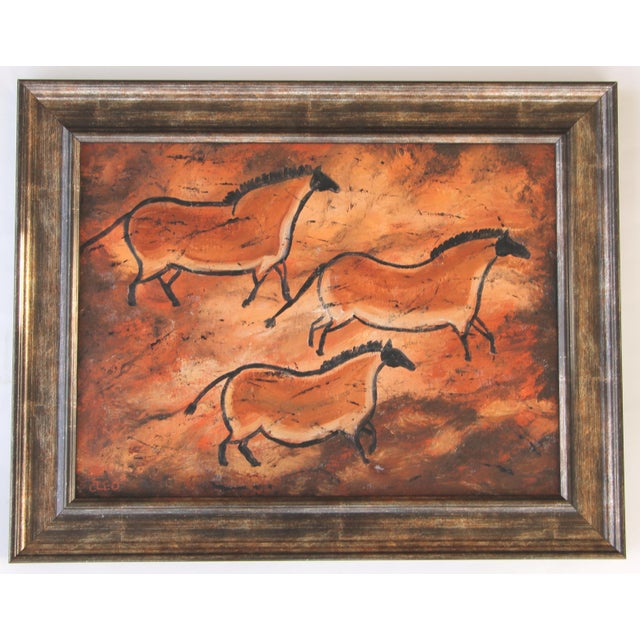 A copy of prehistoric cave paintings at Lascaux, in shades of burnt orange, beige, burnt umber. Minimalism, Abstract,...