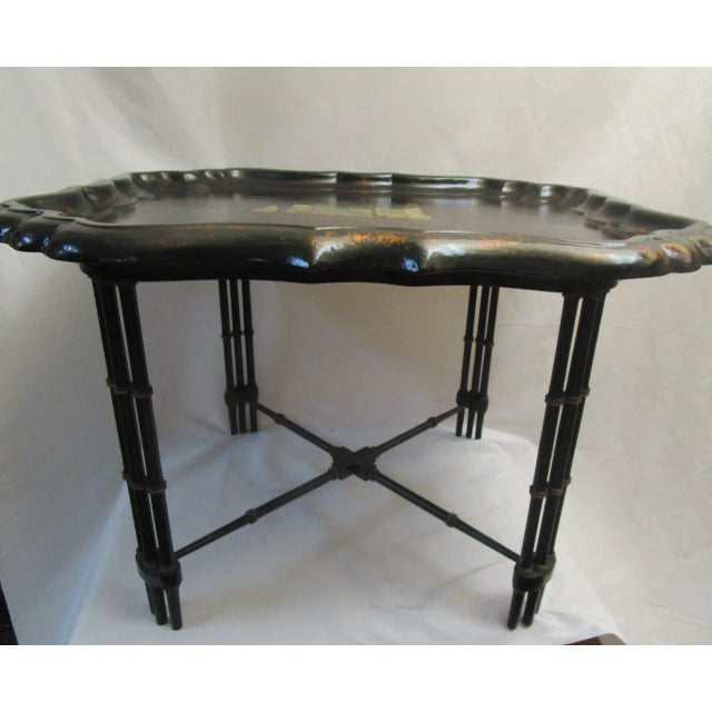 Jennens and Bettridge 19thc Large Antique Papier-Mâché & Mother of Pearl Inlay W Gold Leaf Tray Table For Sale - Image 4 of 12