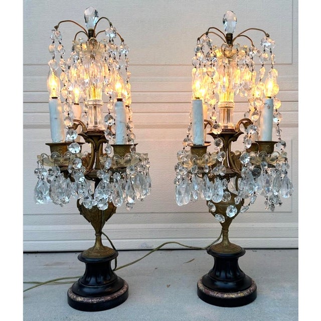 Antique 19th Century French Bronze & Crystal Girandole Lamps – Pair (c. 1820s) Description: An exceptional and highly...