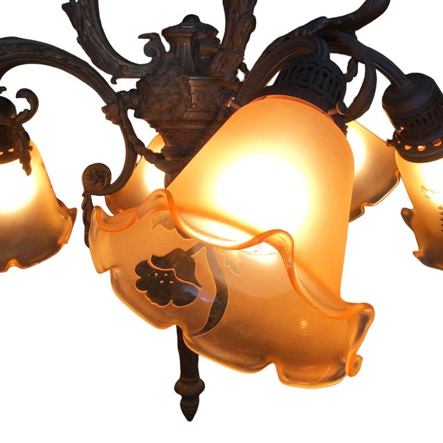 1900s Louis XVI Style Scrolling Bronze Belle Époque Six-Light Chandelier W/ Shades For Sale - Image 14 of 15