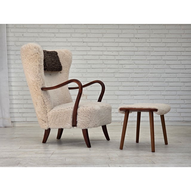 Set of Danish Armchair and Ottoman by A. Christensen for Slagelse Møbelværk in Sheepskin, 1960s For Sale - Image 18 of 18