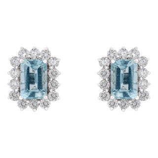 1.14ct Emerald Cut Aquamarine & Diamond Halo Stud Earrings in 14k White Gold- A Pair For Sale