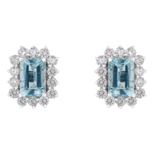1.14ct Emerald Cut Aquamarine & Diamond Halo Stud Earrings in 14k White Gold- A Pair For Sale