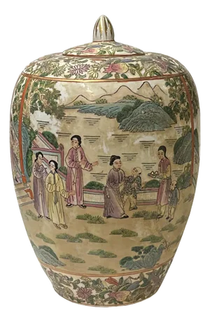 Vintage Chinese Famille Rose People Scenery Oval Round Porcelain Jar
