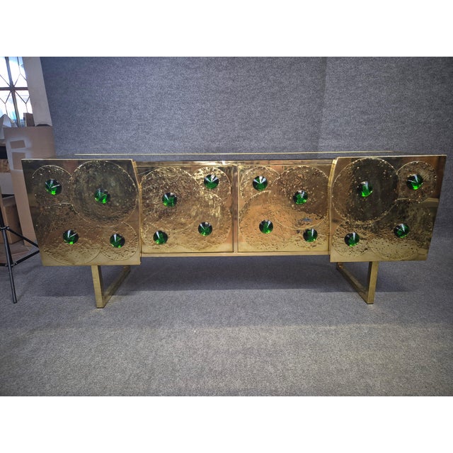 Italian Brass and Black Glass Sideboard with 24 Green Murano Glass Jewels from Justfurnituress SRL For Sale - Image 10 of 11