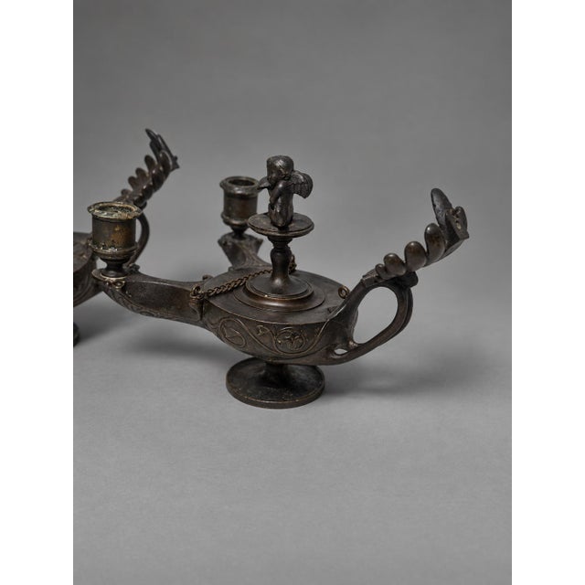 Metal Pair of Grand Tour Bronze Two-Light Candlesticks in Roman Oil-Lamp Form For Sale - Image 7 of 11