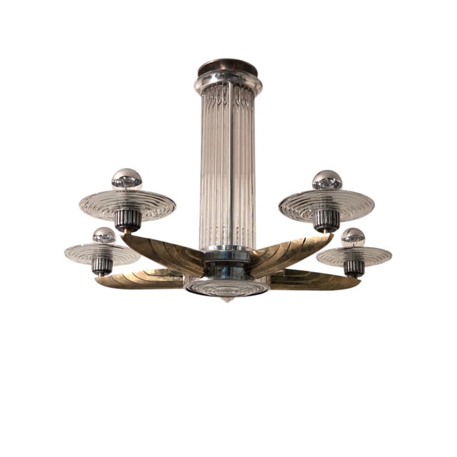Early 20th Century Petitot Signed Bronze, Nickel, Aluminum, Glass Five Arm Skyscraper Chandelier For Sale - Image 12 of 18