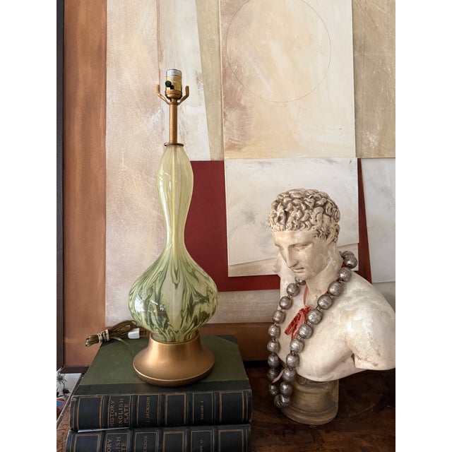 Mid-Century Modern 1960s Italian Empoli Style Green Swirl Art Glass Lamp, 25 Inch Marbled Glass on Brass Tone Base Table Lamp For Sale - Image 3 of 10