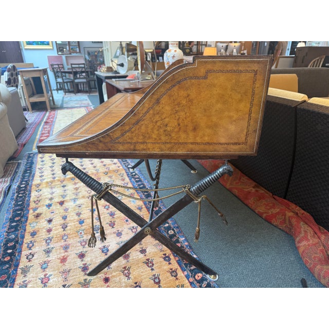 Maitland-Smith Leather Clad British Campaign Desk With Steel Sword Base, Vintage For Sale - Image 12 of 12