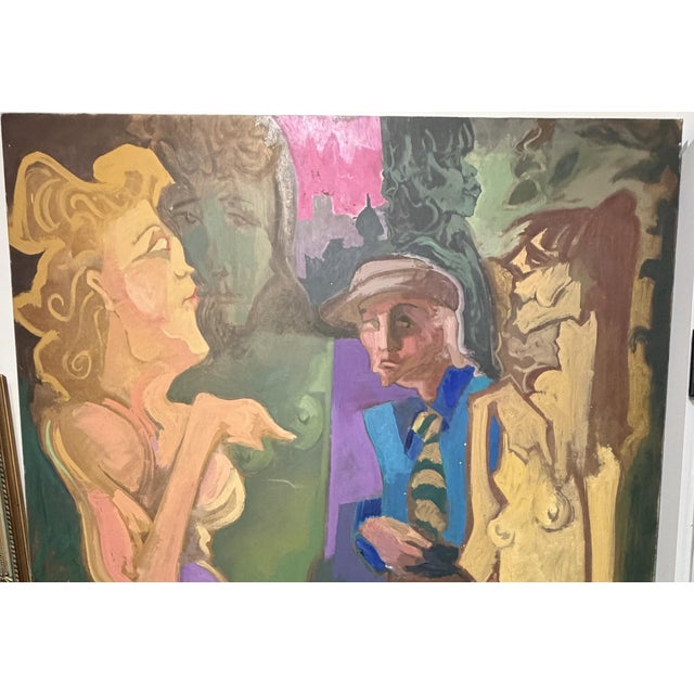 A large figurative painting with an enigmatic, open-ended narrative: elongated golden figures, a man in a cap and tie, and...