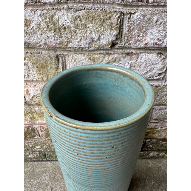 Tall Ribbed Pottery Vase, Turquoise For Sale In New York - Image 6 of 13