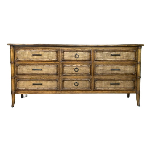 Late 20th Century Thomasville Faux Bamboo Dresser of Nine Drawers For Sale