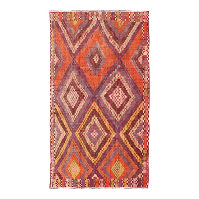 Mid 20th Century Hand Woven Vintage Turkish Embroidered Kilim Rug in Vivid Colors of Purple and Orange For Sale