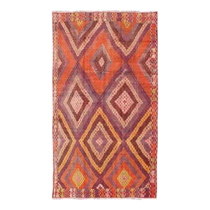 Mid 20th Century Hand Woven Vintage Turkish Embroidered Kilim Rug in Vivid Colors of Purple and Orange