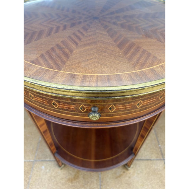 French Louis XVI Style Round Side Table with Marquetry and Drawer, 1930s For Sale - Image 10 of 13