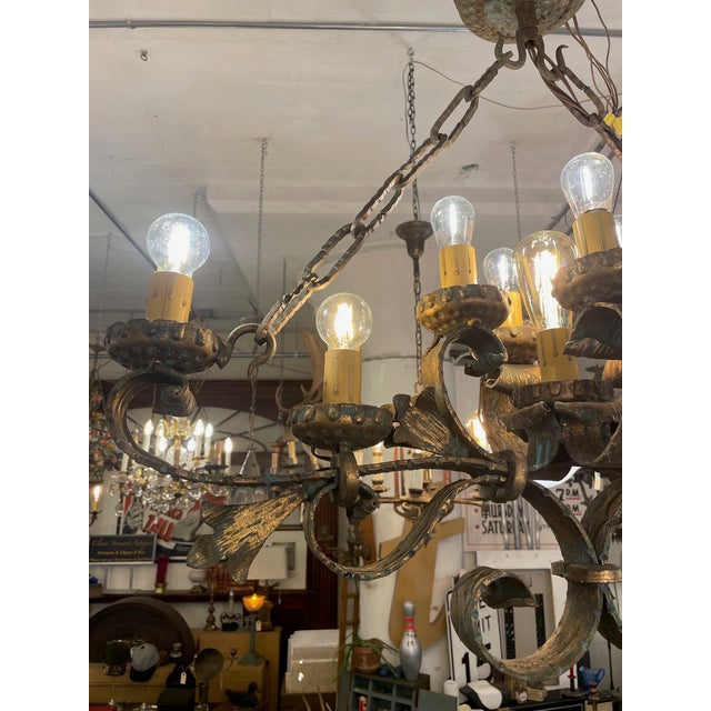 Antique Italian Style Horizontal Nine Light Rustic Chandelier Rewired For Sale - Image 4 of 12