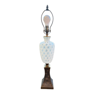 Mid Century Hand Blown White Coin Dot Glass Lamp With Decorative Base