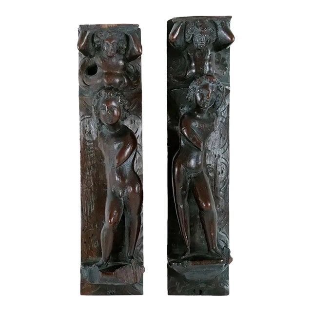 Italian Baroque Walnut Figural Furniture Carvings - A Pair For Sale