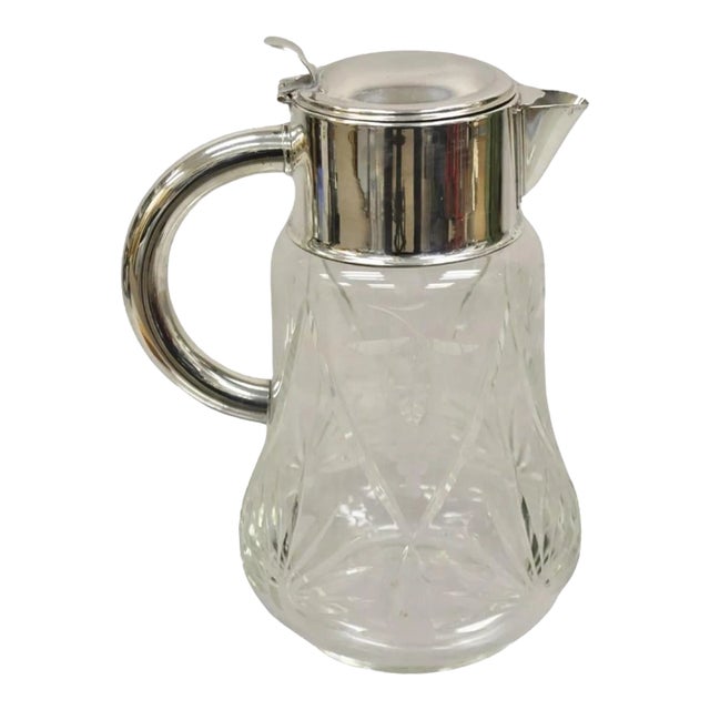 Antique Art Nouveau West Germany Cut Glass Jug Pitcher With Silver Plated Collar For Sale