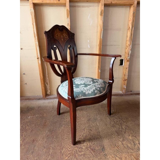 Antique Art Nouveau Marquetry Mixed Wood Oak Open Armchair For Sale - Image 10 of 17