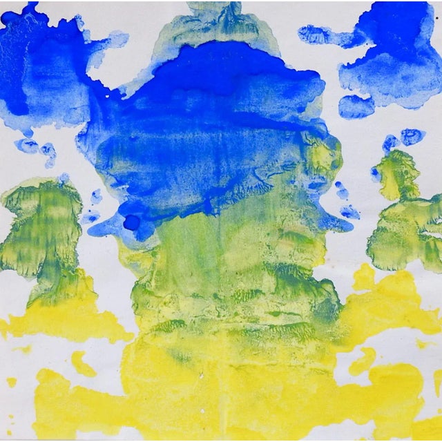 Mid-Century Modern Abstract Rorschach Blue Green Yellow Painting For Sale - Image 3 of 3