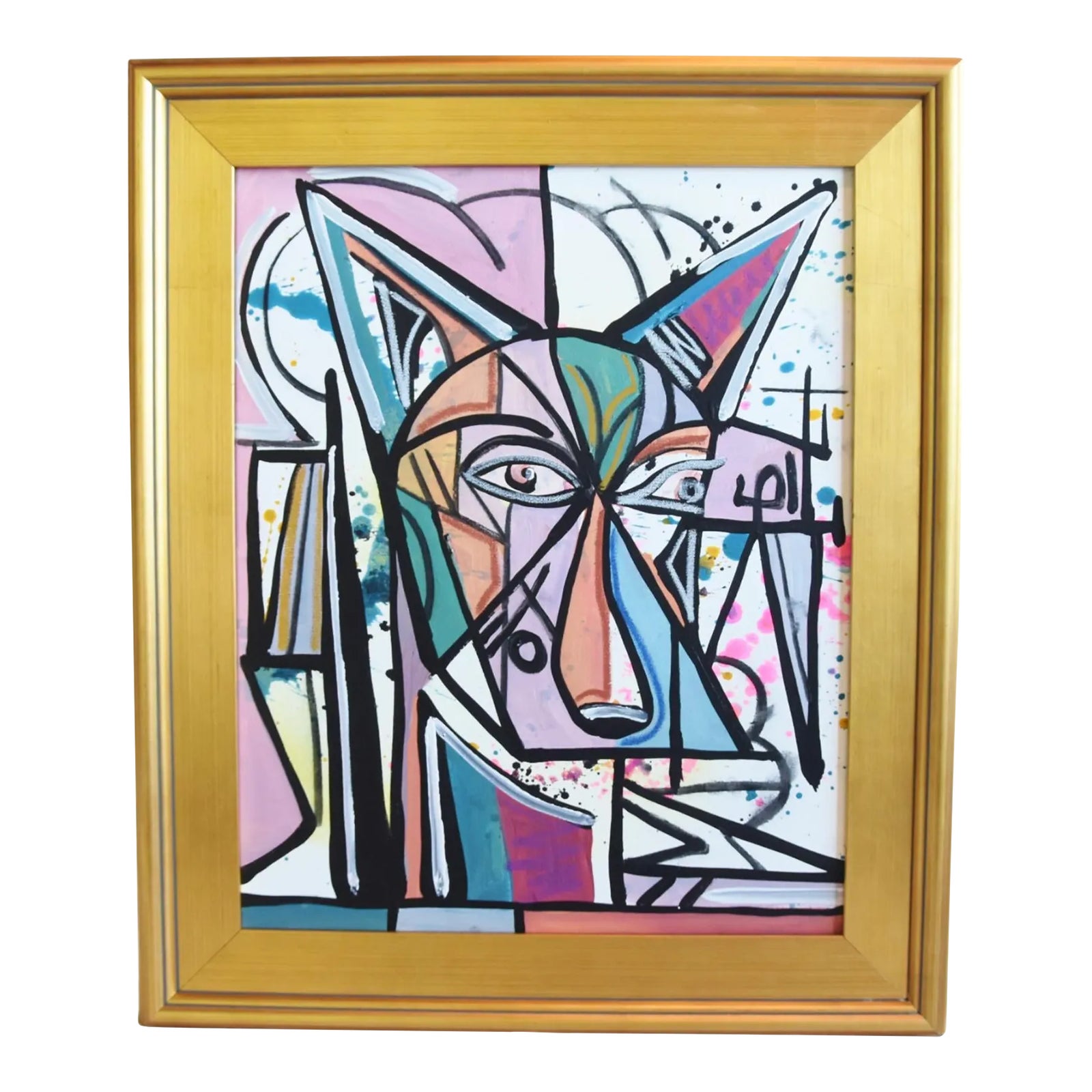 Contemporary Modern Cubism Wolf Oil Painting W/ Antiqued Gold Wood ...