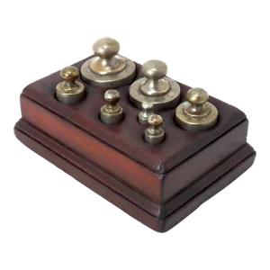 Antique American Brass Balance Scale Graduated Size Weights With Original Mahogany Fitted Stand 8 Pc Set
