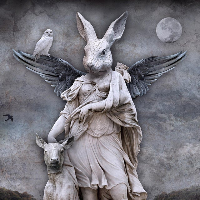 Queen of the Forest by Marcin Owczarek | Photography of a statue with animals in a forest setting For Sale - Image 4 of 4